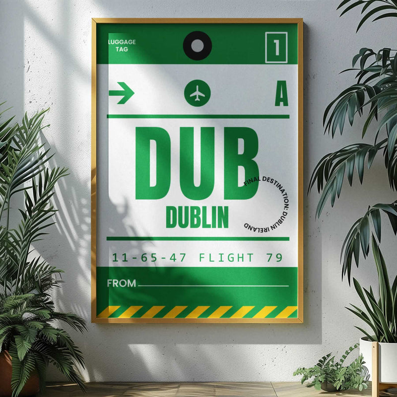 Dublin Luggage Tag Wall Art With Wood Tone Frame