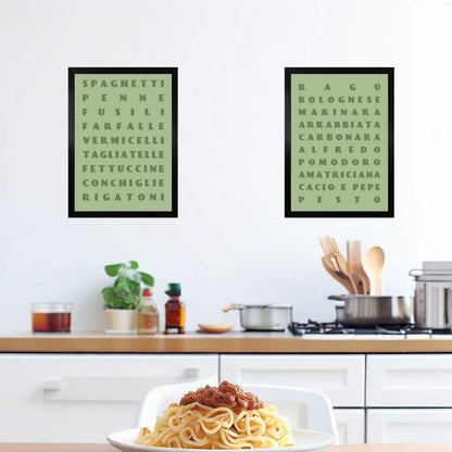 Pasta Shapes And Pasta Sauces Wall Art Print In Petso Green Colour