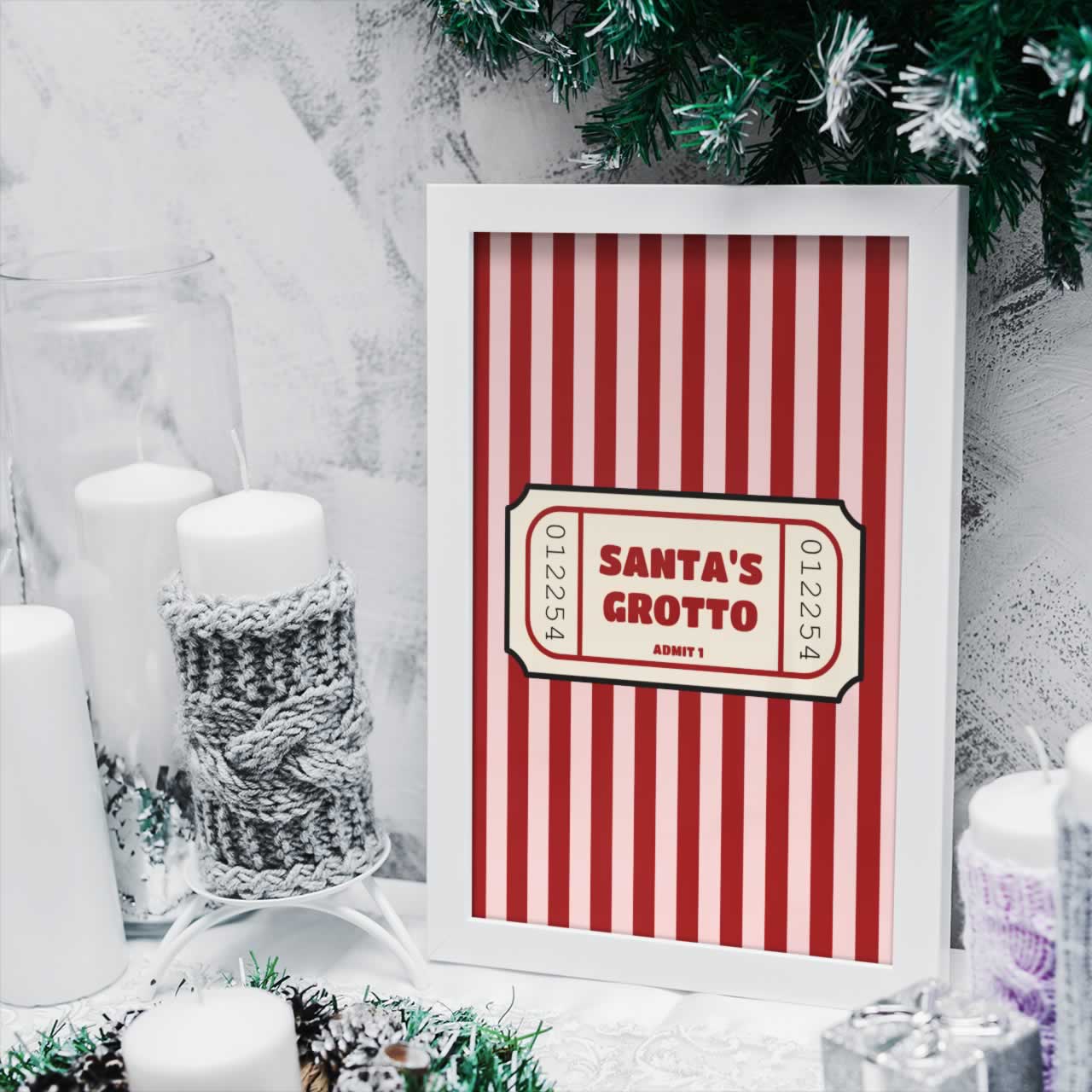 Santa's Grotto Ticket Print In Red And Pink