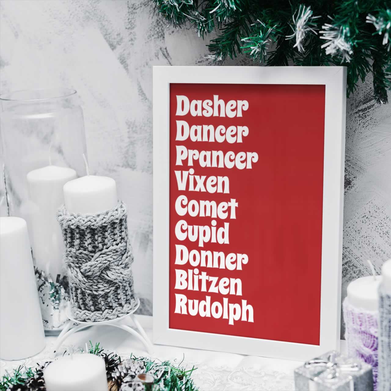 Santas Reindeer List Poster Print In Red