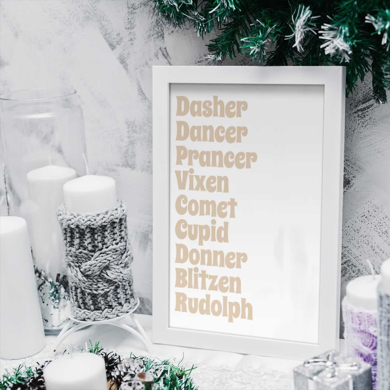 Santas Reindeer List Print In Gold And White