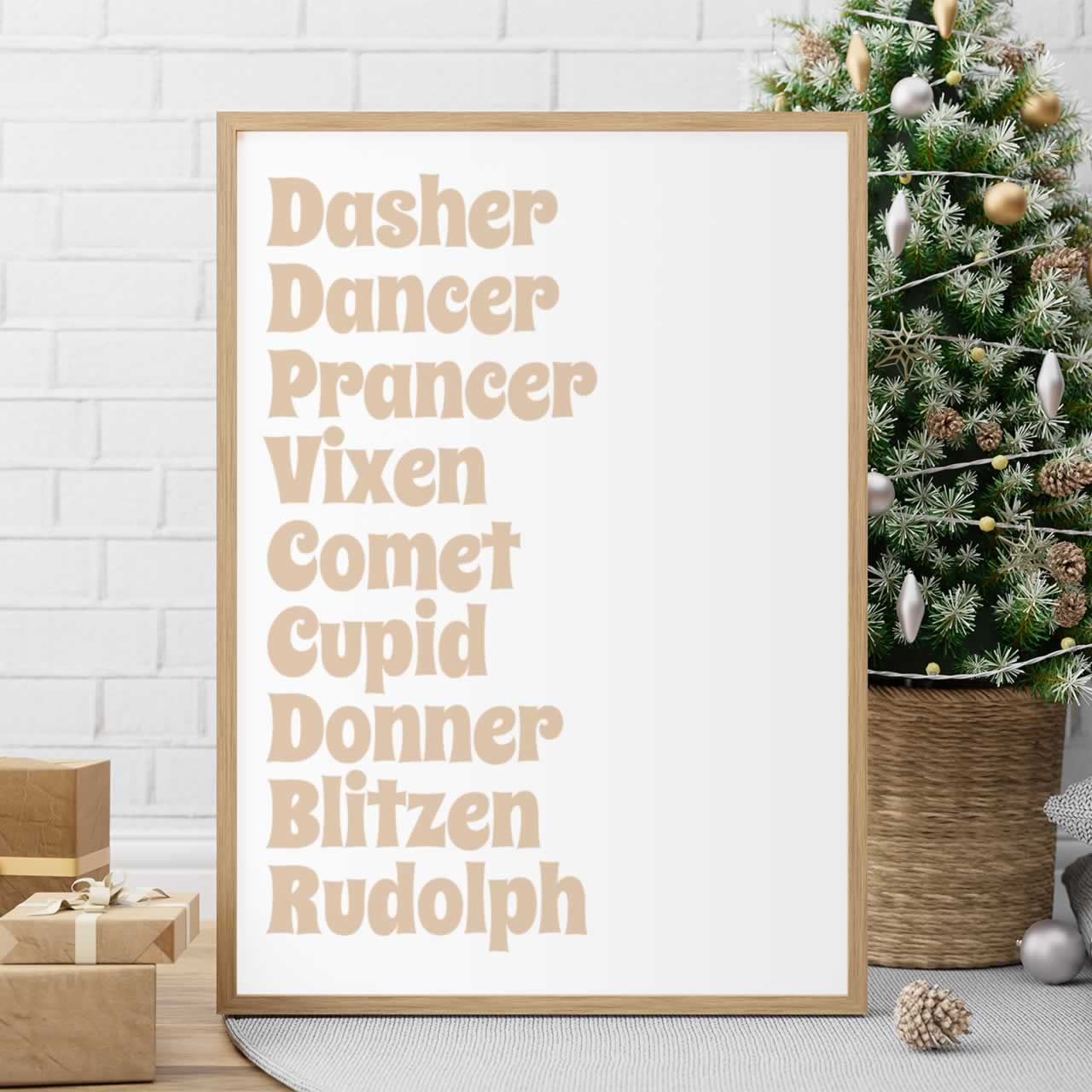 Santas Reindeer List Poster In Gold and white