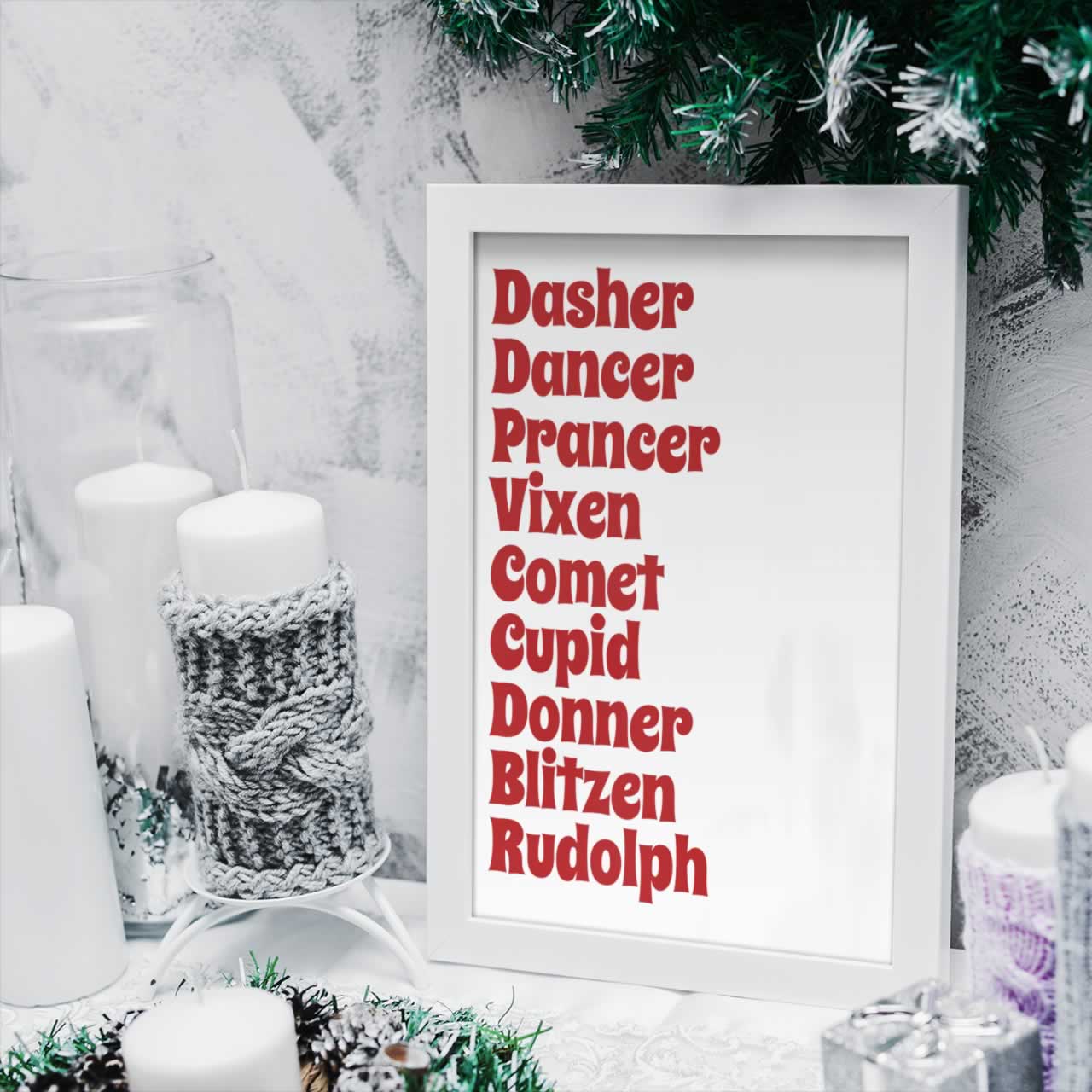 Santas Reindeer List Print In Frame